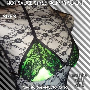 HTF Hot Sauce Style Vibrant Neon Green Black Lace String Skimpy Triangle Bikini
